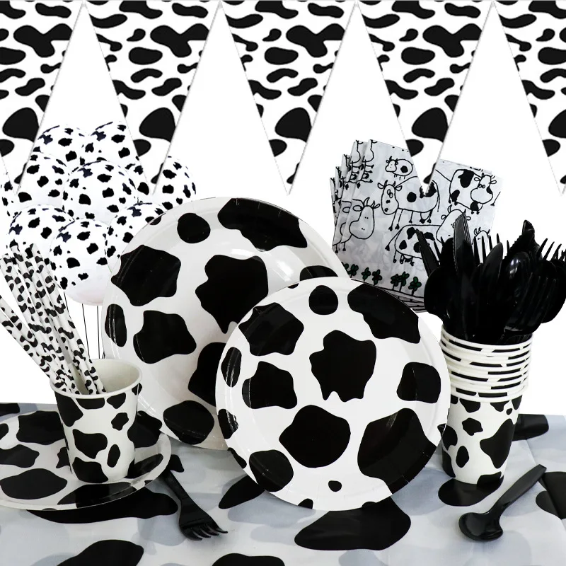 

Cow Theme Disposable Tableware Set Disposable Paper Plate Straw Cup Cow for Wedding Birthday Decoration Party Supplies