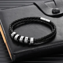Personalized Stainless Steel Braided Rope Leather Bracelet Custom Family Name Men Bracelets & Bangles Fashion Jewelry