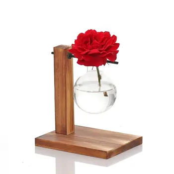 

Hydroponic Plant Vases Vintage Flower Pot Transparent Vase Wooden Frame Glass Tabletop Plants Home Decoration