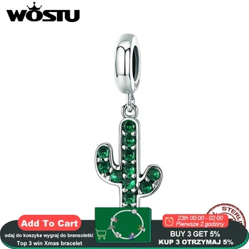 

WOSTU 100% 925 Sterling Silver Strong Cactus Glittering Green CZ Pendant Dangle fit Women Charm Bracelet DIY Jewelry CQC515