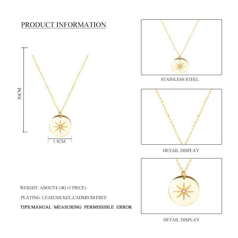 Wild&Free New Stainless Steel Gold Pendant Necklace For Women Girls Vintage Round Disc Star Shape Simple Necklace Jewelry Gift