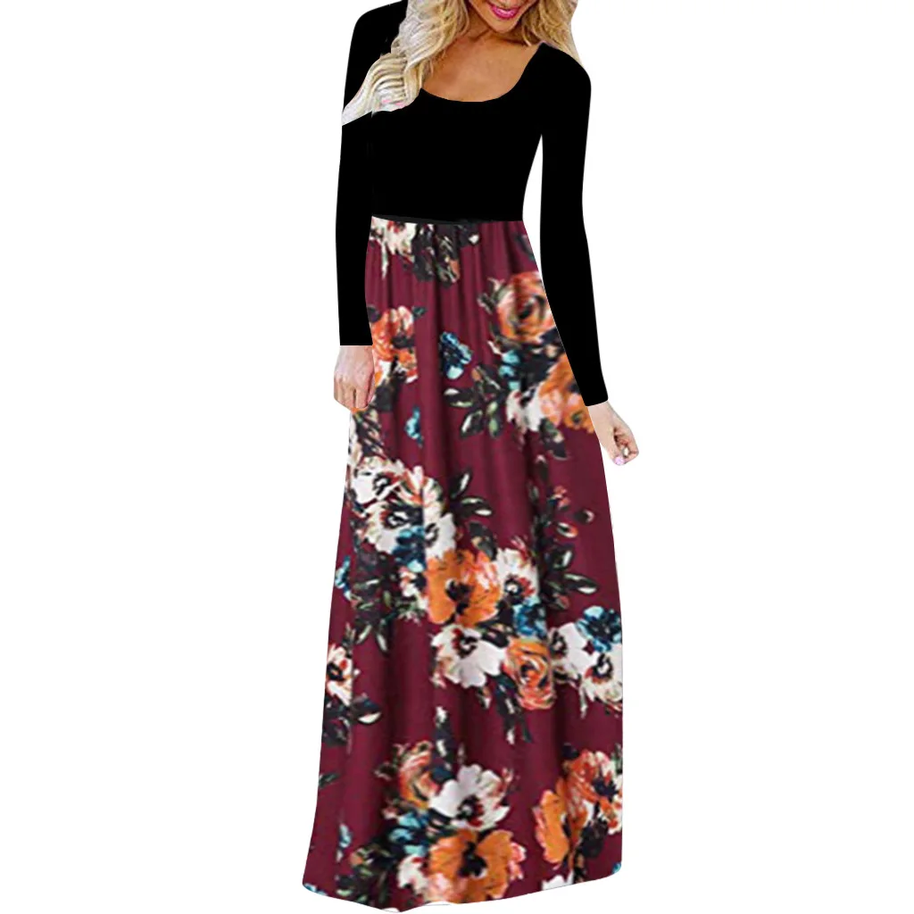 

Women Autumn Long Dress Floral Print Bohemian Maxi Dress Casual Patchwork Long Sleeve Party Dresses Vestidos Verano Plus Size