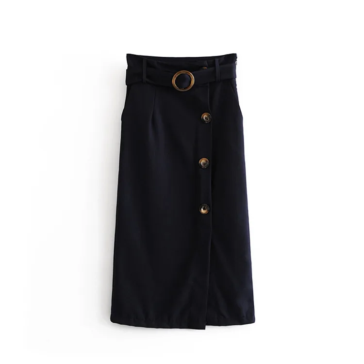 

2018 Autumn New Style WOMEN'S Dress Versatile Simple Slimming Button Textured Belt Ornaments Mid-length Skirt
