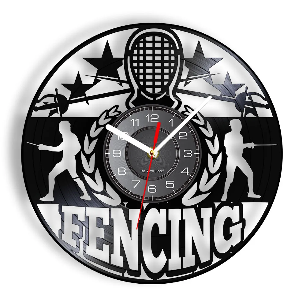 

Fencing Modern Wall Clock Made Of Vinyl Album Record Fencing Suit Helmet Sword Sport LED Lighting Wall Watch Retro Artwork Decor