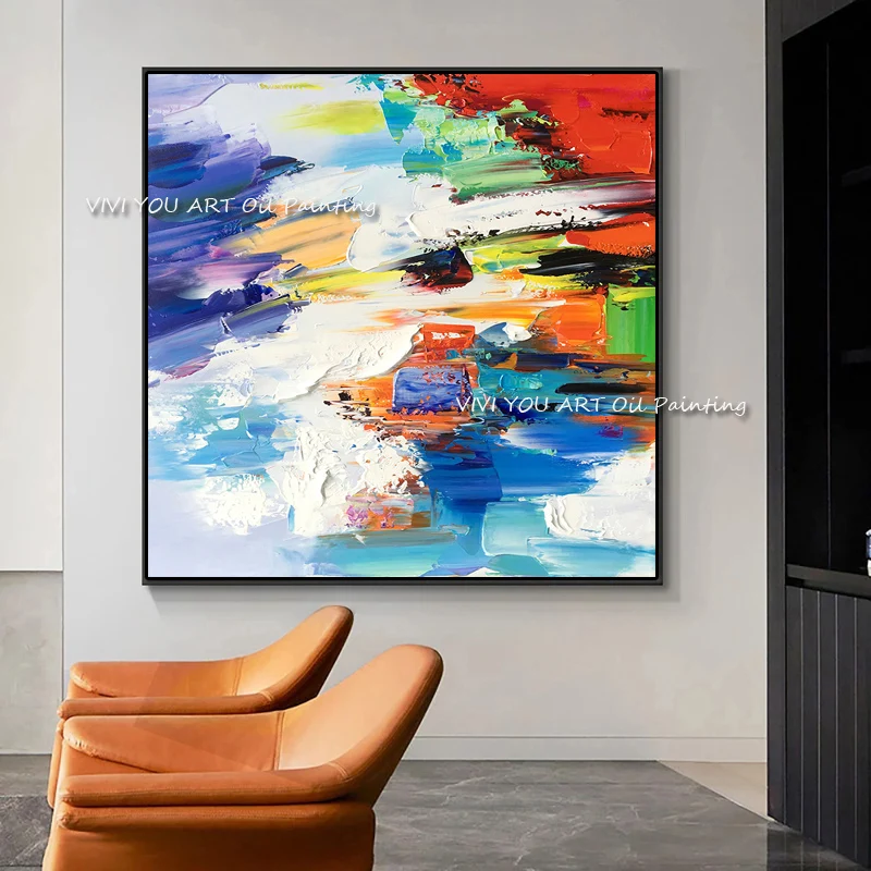 

100% ручная работа абстрактные красочные украшения Картина маслом синий на холсте Куадрос настенные картины для гостиной украшение подарок