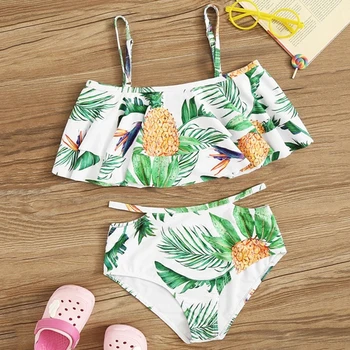 

2020 Lovely 2Pcs Swimsuit Baby Girls Ruffle Floral Bikinis Sets Kids Child Flamingo Swimwears High Waist Bathing Suit Beachwears