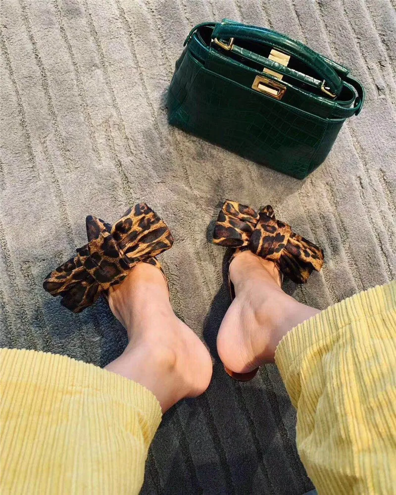 Women Shoes Bow-Embellished Leopard Rhinestone Satin Mules Women Sandals Pointed Toe Stiletto High Heels Fall Street Looks