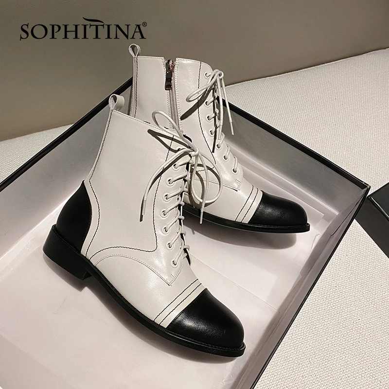 

SOPHITINA Women Boots Autumn Winter Genuine Leather Ladies Ankle Boots Round Toe Zipper Lace-up Fashion Flat Shoes Women SO651