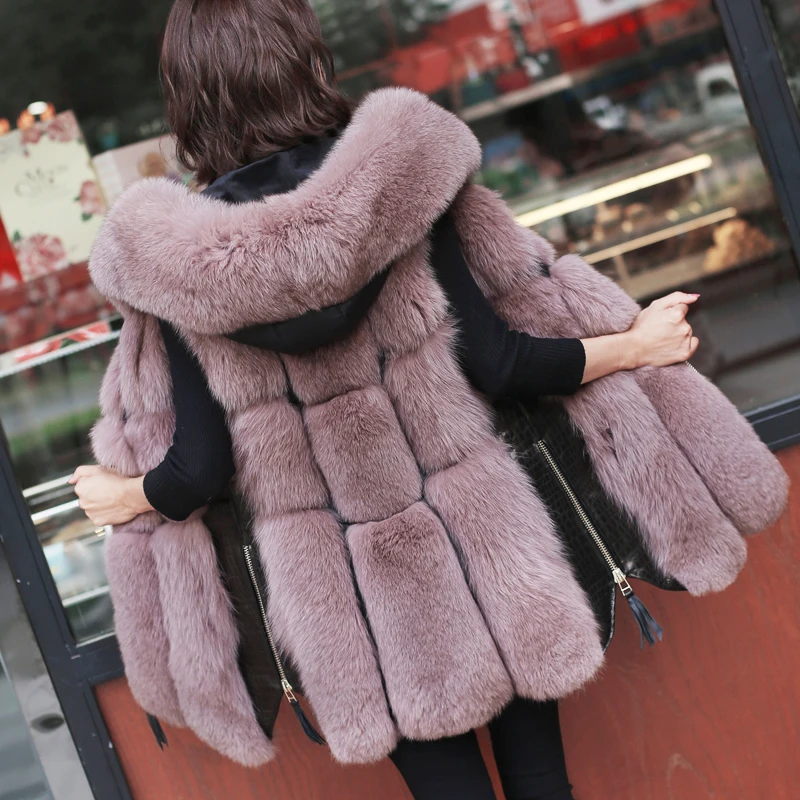 

Winter Noble Womens Fur Jacket Faux Fox Fur Vest Coat Fashion Hooded Fur Waistcoat Side Zipper Stitching Leather Warm Outwear