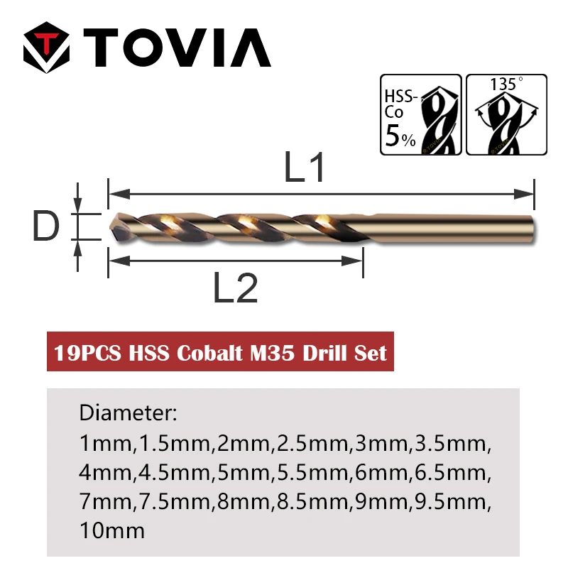 TOVIA Cobalt набор сверл по металлу 19 шт. HSS Cobalt M35 набор сверл 1 мм-10 мм для металла из нержавеющей стали набор сверл