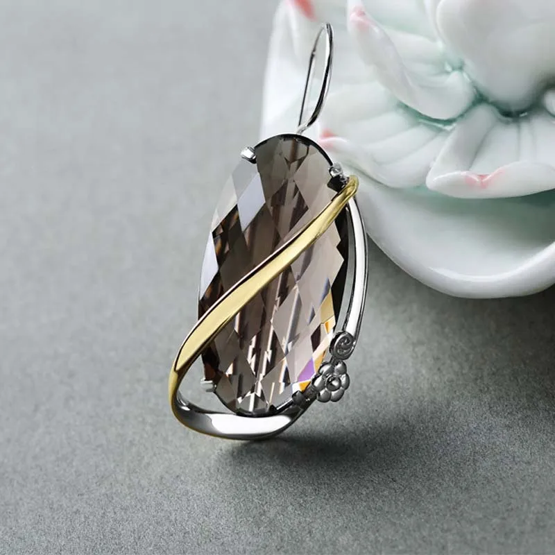 S925 Серебряные модные чайные Хрустальные Серьги Дымчатые Хрустальные Серьги Ретро классика