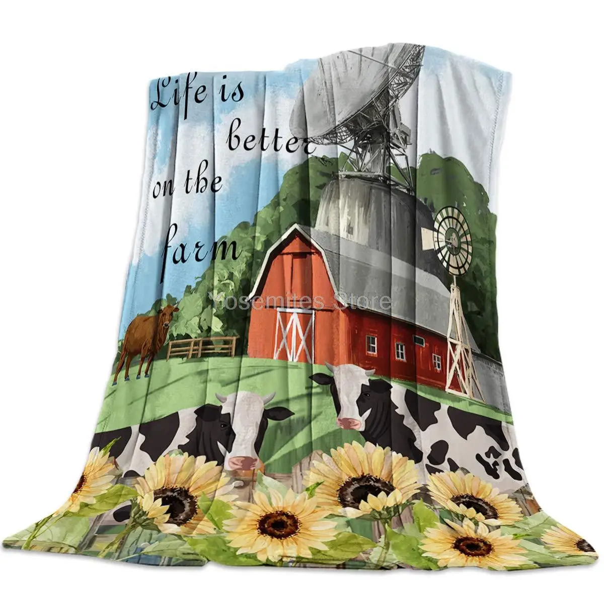 

Cozy Soft Throw Blanket for Couch Bed, Life is Better on The Farm Barn Cow Sunflower - Warm Camping Traveling