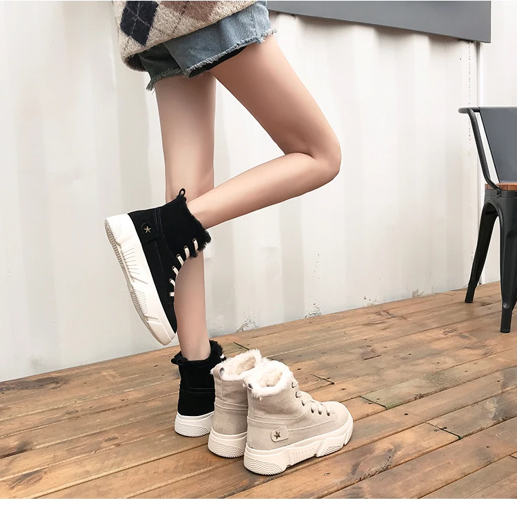 Aphixta Platform Shoes Winter Snow Boots Women Ankle Boots Flat Heel Star Lace-up Fur Bottes Flock Warm Plush Shoes Woman Boot