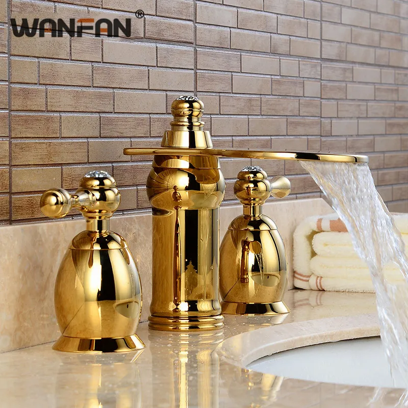Basin Faucets Brass Luxurious 3 Hole Waterfall Basin Taps Gold