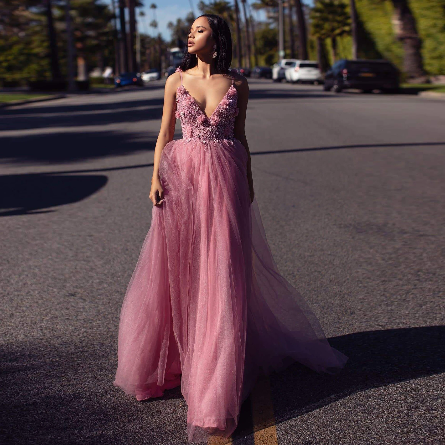 white evening gowns Sexy Pink Tulle Dress Sequins Beaded Long Dress Sexy V-neck Ebening Dresses Women's Evening Dress Prom Dress Female Dress A-line evening gowns for women