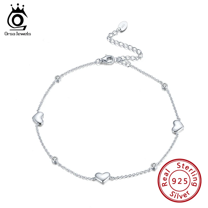 ORSA JEWELS Real 925 Sterling Silver Anklet for Women Heart Charms AAAA Zirconia Female Summer Vacation Ankle Accessories SA01 ORSA JEWELS Real 925 Sterling Silver Anklet for Women Heart Charms AAAA Zirconia Female Summer Vacation Ankle Accessories SA01