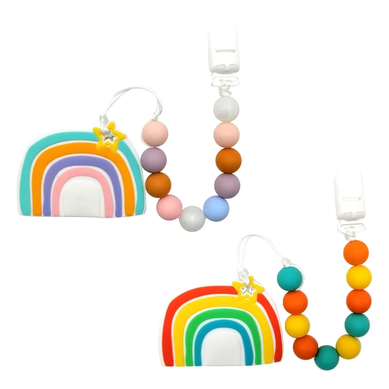 

Baby Rainbow Teething Soother Molar Silicone Teether Pacifier Chain Dummy Holder L4MC
