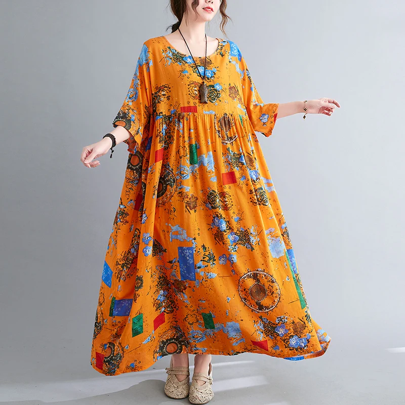 Largo Maxi vestido 2021 nueva llegada de manga corta verano vestido de algodón de lino estampado Floral viajes de vacaciones Casual vestido de las mujeres