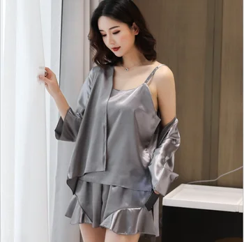

JINKAZI Women's pajamas spring and summer 2020 new three piece jacket suspender shorts sexy silk ice suspender pajamas