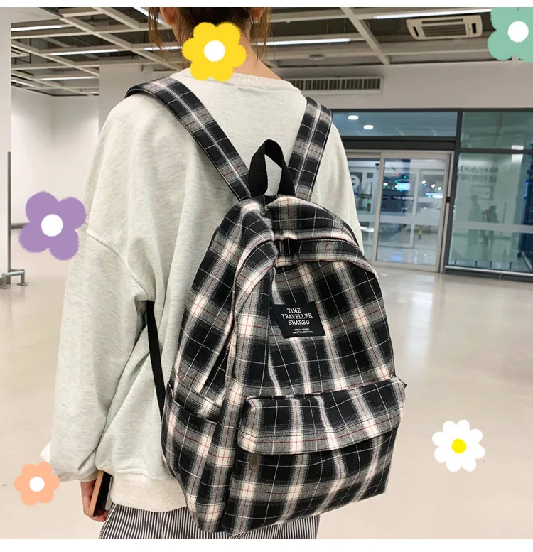 Fashion Plaid Canvas Women's Backpack Student Backpacks Teenage Girl School Bags Large Capacity Waterproof Travel Rucksack