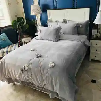 

Gray Blue Pink Winter Soft Velvet Fleece Short Plush Stereoscopic Flower Embroidery Duvet Cover Bed Sheet Pillowcase Bedding set