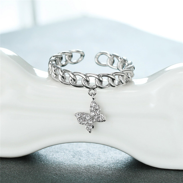 Female White Crystal Jewelry Rose Gold Silver Color Wedding Rings For Women Cute Butterfly Open Pendant Engagement Ring