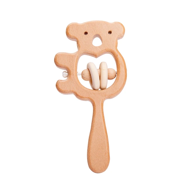 Baby Wooden Rattle Beech Bear Hand Teething Wooden Ring Baby Rattles Play Gym Montessori Stroller Toy Educational Toys for Kid set-6