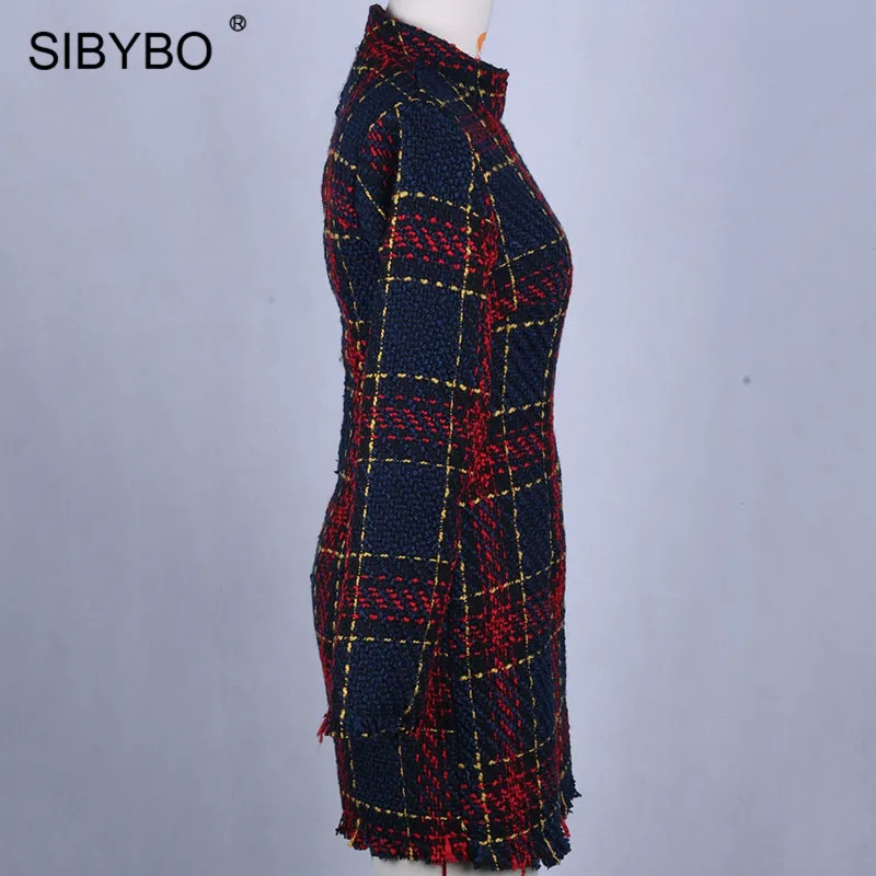 SIBYBO осеннее клетчатое Повседневное платье с принтом женское модное мини облегающее платье с длинным рукавом и круглым вырезом зимний офисный женский Вечеринка платье