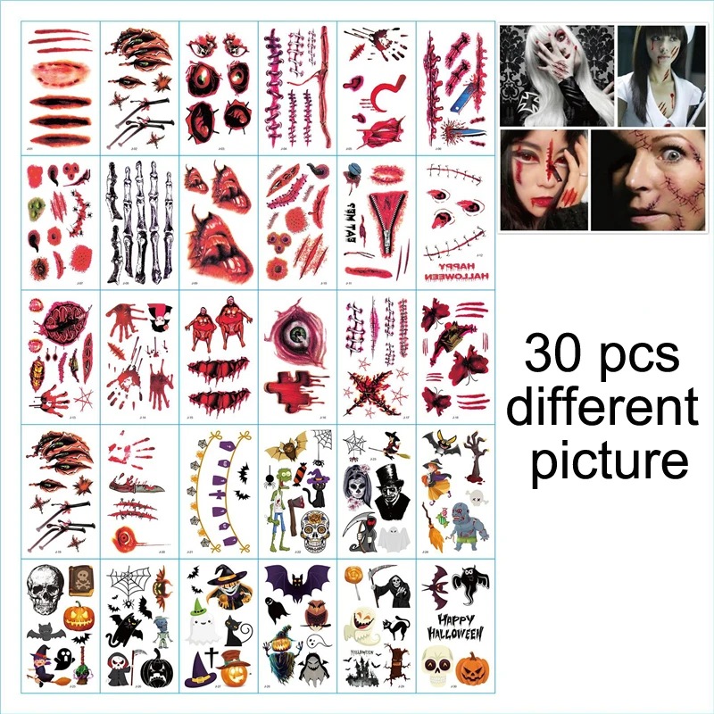 

30PCS/Set Halloween Flower Temporary Tattoos for Women Hand Tattoo Sticker Body Art Waterproof Arm Fake Tatoo Paper 9.7X5.7cm