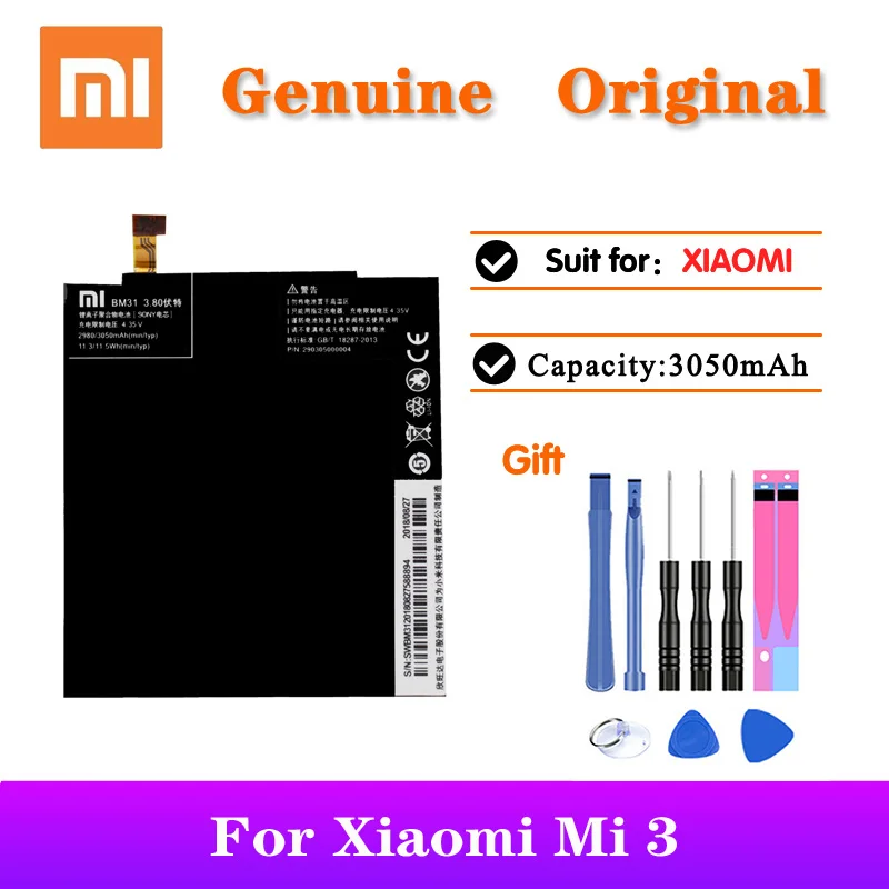 20 шт./лот батарея BM31 для Xiaomi Mi 3 M3 Mi3 оригинальный запасной телефон Li-Ion Bateria в