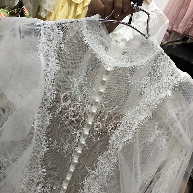 RICININA, кружевная женская рубашка,, круглый вырез, жемчужные пуговицы, открытая сетка, элегантная женская рубашка, белая, Femme, Рубашки, Топы, весна-осень