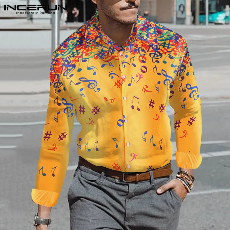 

INCERUN Musical Note Printed Tops Men Casual Long Sleeve Lapel Shirt Breathable Comfort Daily Joker Mens Blouse Camisa Hombre