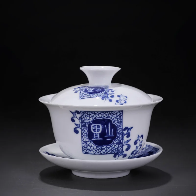 Керамическая Sancai Gaiwan, 150 мл, голубая и белая фарфоровая чайная чаша, чайная чашка и блюдце, набор, чайник - Цвет: Chinese Fu