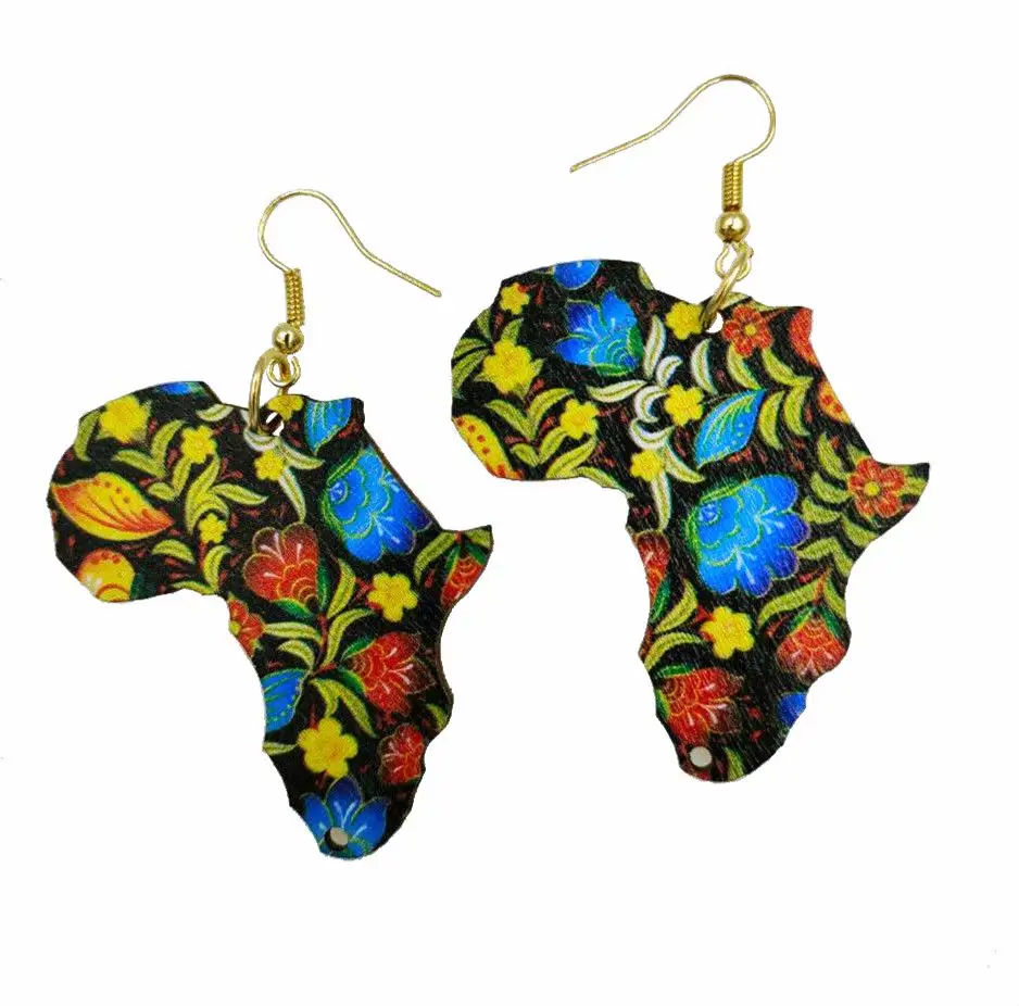 

New African Map Drop Earrings Cute Printing Flower Earrings Women Golden Hooks Wooden Earring Asymmetrical Earring 30 Colors
