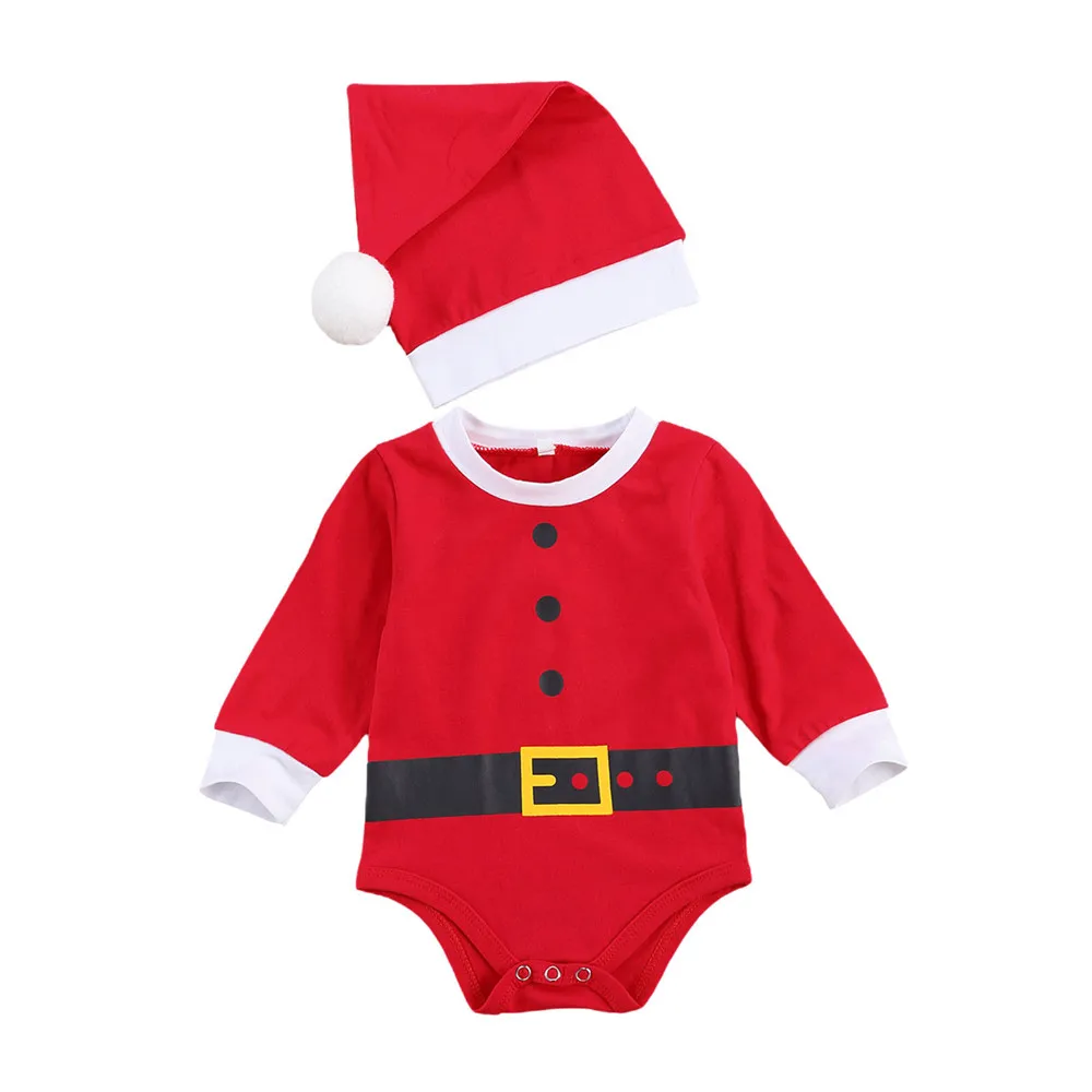 

Newborn Infant Christmas Outfits Long Sleeve Round Neck Print Romper + Christmas Hats 2 Pcs Xmas Costumes Baby Jumpsuits