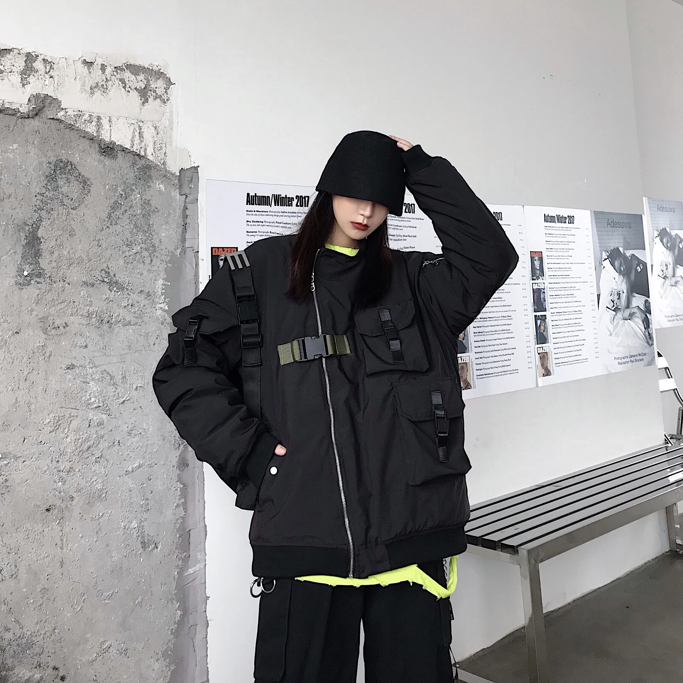 Кибер-панк Techwear куртка на молнии свободные пряжка с карманом Для женщин Рок черная верхняя одежда