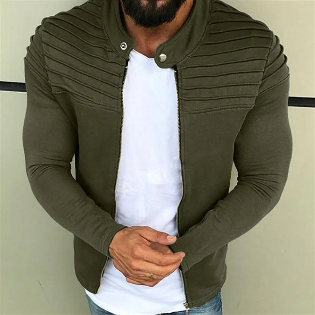

SAGACE Men's Solid Color Striped Pleated Panel Cardigan Zip Jacket Top Cool and loose autumn and winter slim 2019 fashion