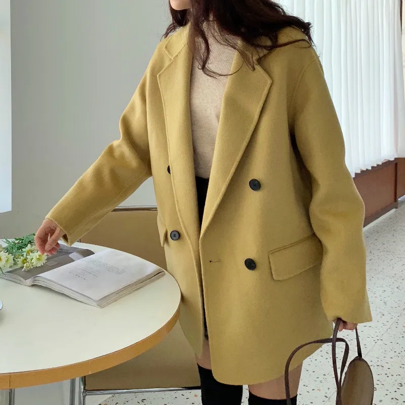 Mustard yellow Осеннее и весеннее Женское шерстяное пальто для офиса, Новая женская верхняя одежда, шерстяное пальто - Цвет: Mustard yellow