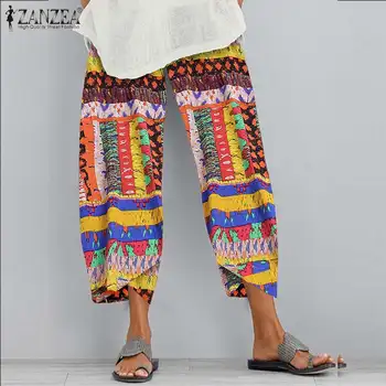 

Plus Size Women's Printed Trousers ZANZEA 2020 Vintage Harem Pants Spring Casual Elastic High Waist Long Pantalon Palazzo Turnip