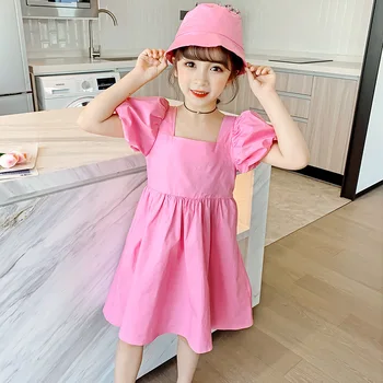 

2020 Summer New Korean Solid Color Sweet Short Dress Women Puff Sleeve Base A-line Dress with Hat