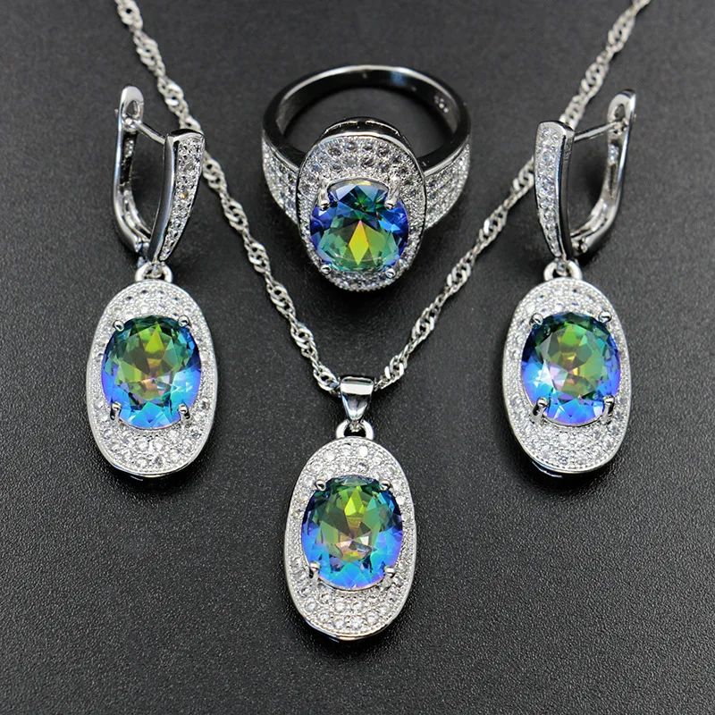

Jewelry Set Supply of Goods Bride Necklace Earrings Ring Colorful Crystal Zircon Jewelry Three-piece Set