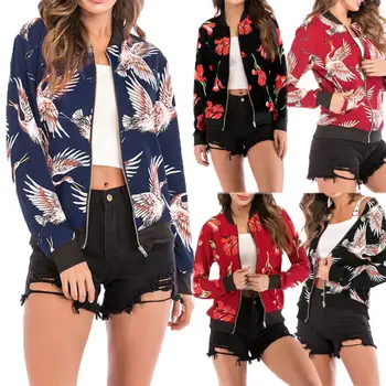 

2019 Autumn Spring Women Floral Zipper Bomber Jacket Outwear Baseball Print Coat Jacket Casual Long Sleeve Coat Jackets