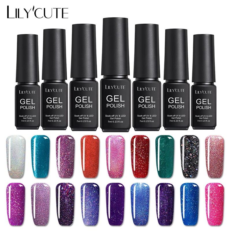 

LILYCUTE Glitter UV Gel Polish Shimmer Colorful Soak Off Nail Art Gel Varnish 5ml 7ml Thermal Glitter Holographic Platinum Gel