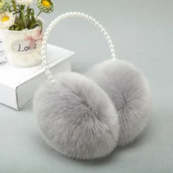 Winter Womens Pearl Rabbit Fur Earmuffs Comfortable Warm Ear Warmer Big Plush Ear Cover