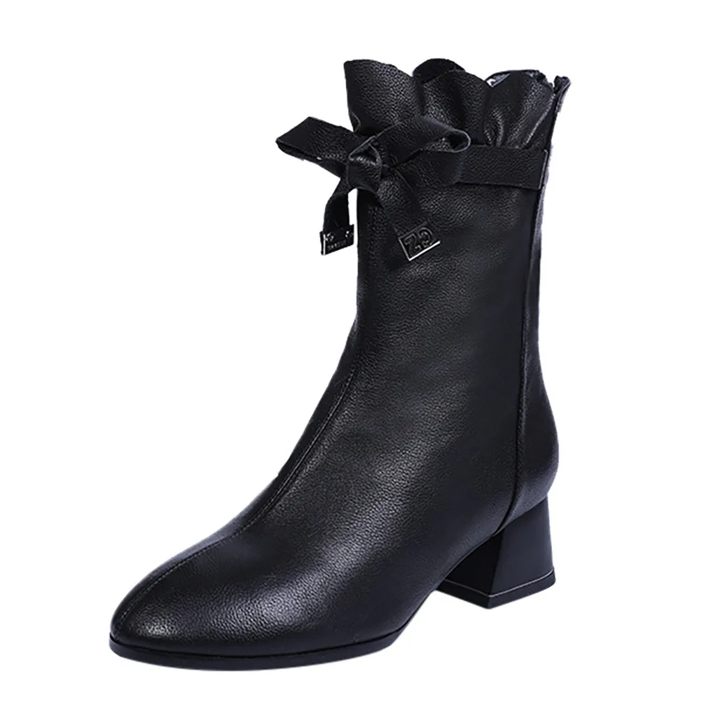 Женские ботинки; Короткие Плюшевые Теплые Зимние ботильоны; черные ботинки с бантом-бабочкой; женские ботинки с круглым носком; полусапожки на толстом каблуке; - Цвет: Black