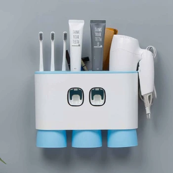 

Auto Squeezing Toothpaste Dispenser Toothbrush Holder 4 Cups Suction Cup Set Bathroom Accessories Wall Mount Storage Rack