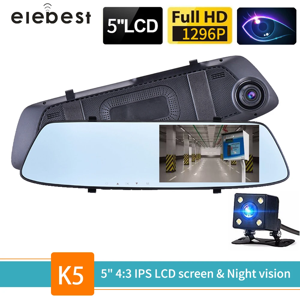 

elebest 5 inch FHD 1290P IPS Screen Dash cam dual recording rear view mirror car dvr dash Camera super night vision Registrator