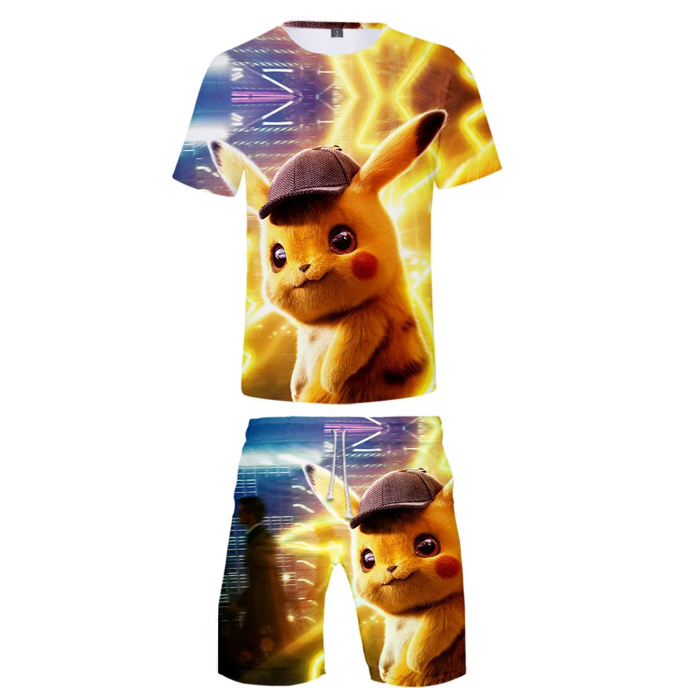 

Hot Sales 2019 New Style Great Watch Anime Detective Pikachu 3D yin hua kuan Casual Short Sleeve Set