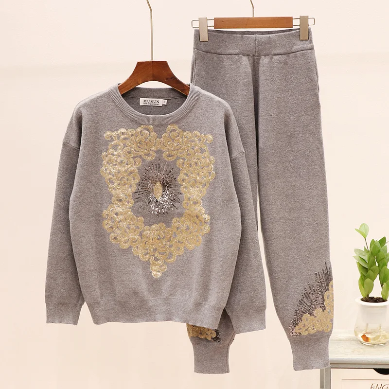 Женский осенне-зимний теплый плотный вязаный пуловер с блестками, комплект из 2 предметов: Топ и штаны, спортивный костюм