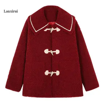 

Autumn And Winter New Style Korean-style Students Versatile Wine Toggle Navy Collar Lambs Wool Coat Blouses Fashion